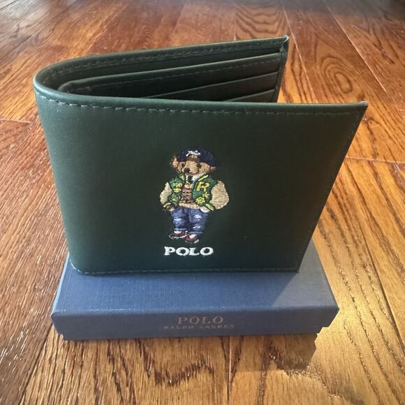 Polo Ralph Lauren Bifold Billfold Wallet Green Leather Preppy Bear Jacket - Picture 2 of 13